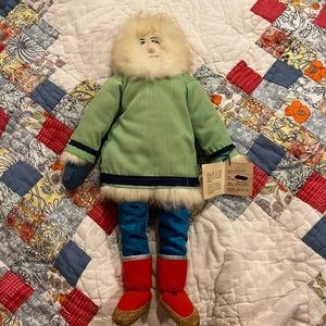 Vintage Native American handmade Intuit Eskimo doll Canadian rabbit fur 18”